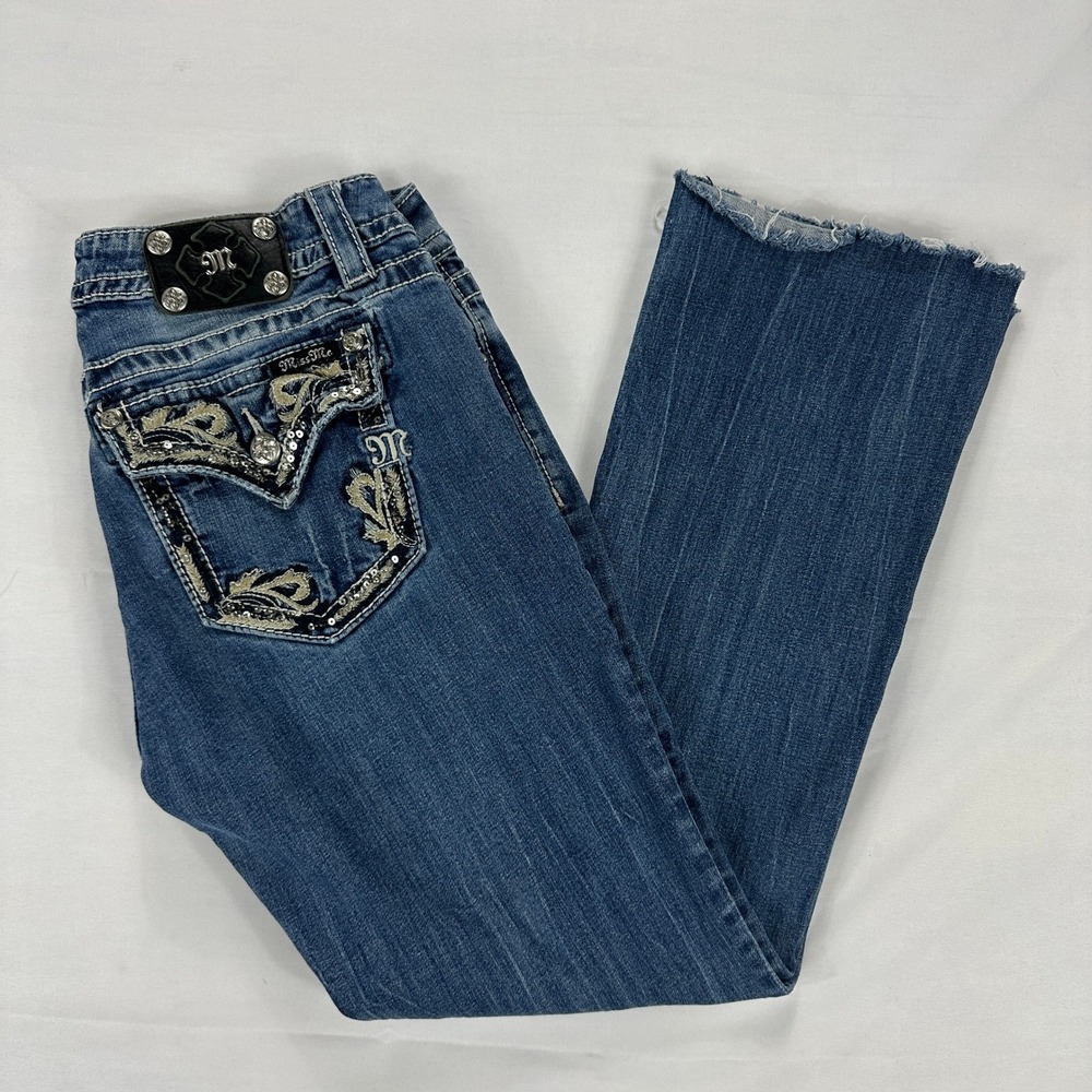 Miss Me Signature‎ Boot Jeans Embellished Embroidered Raw Hem Women 31
